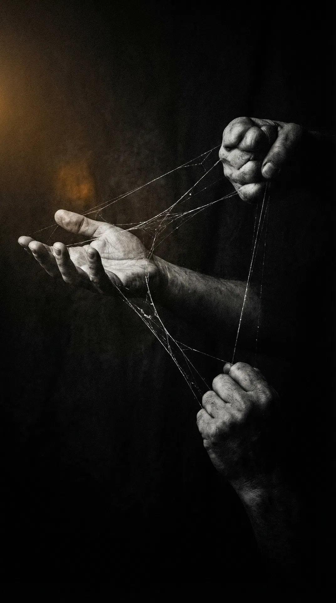Mãos presas por fios invisíveis representando controle emocional inconsciente