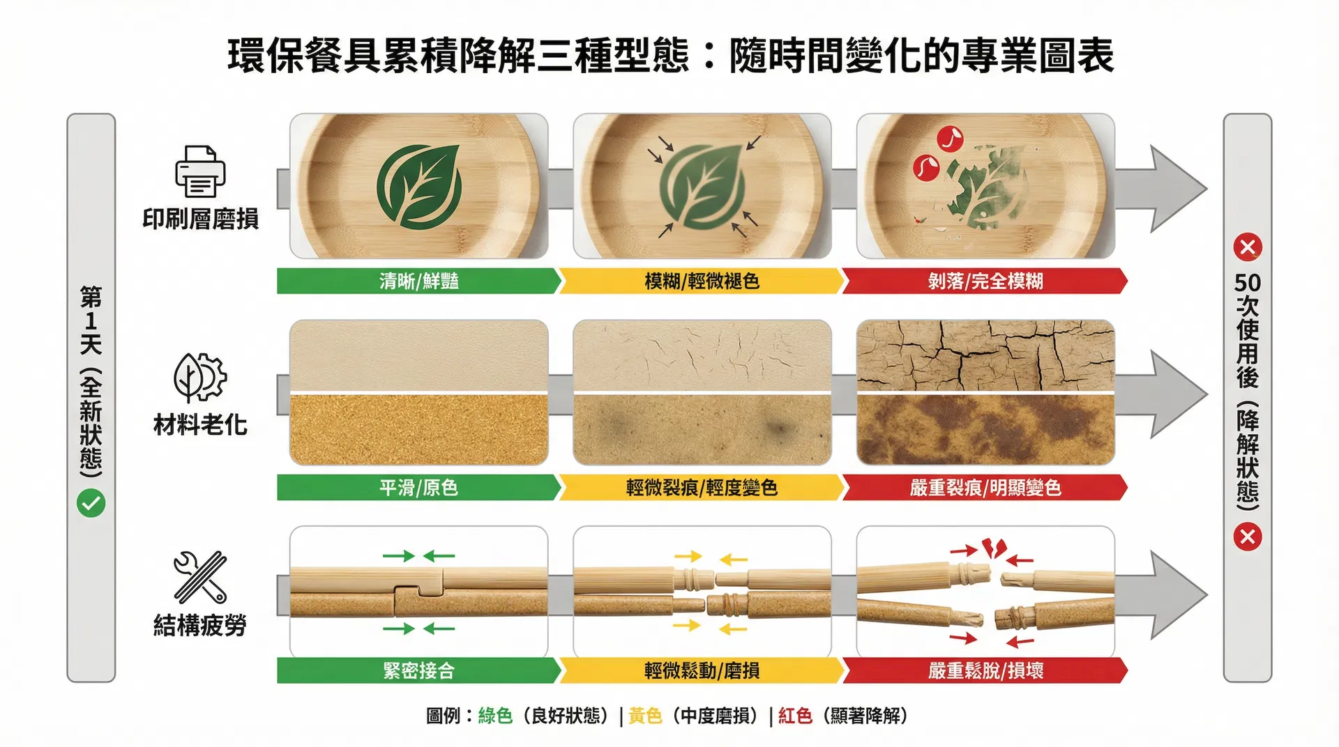 環保餐具累積降解三種型態:印刷層磨損、材料老化、結構疲勞的隨時間變化專業圖表
