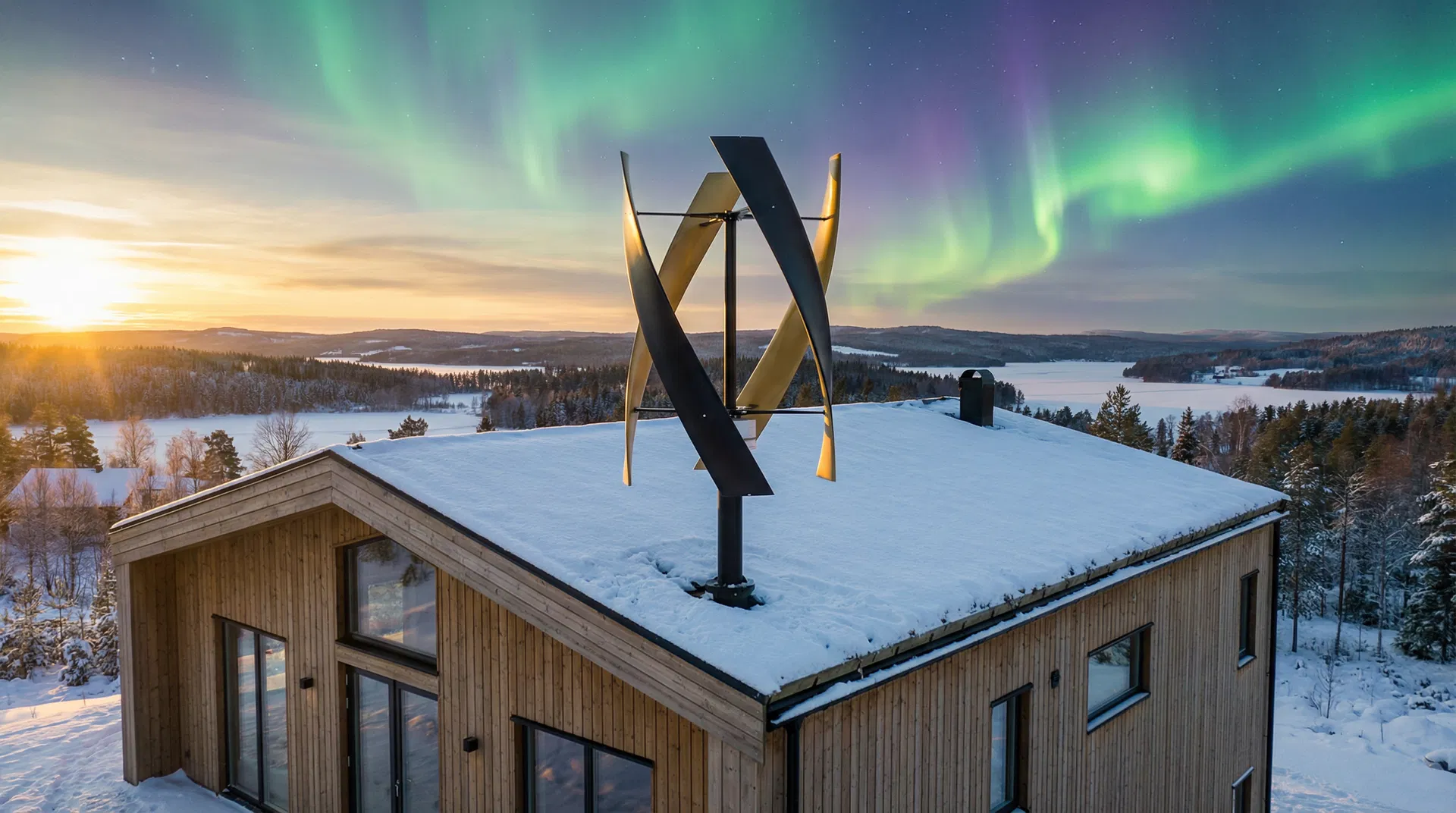 Vertikal vindturbin i nordiskt vinterlandskap