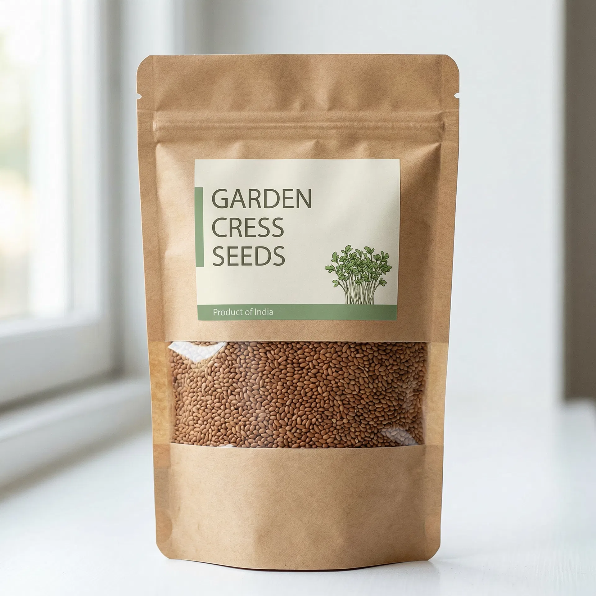 Premium garden cress seeds in kraft paper bag sourced from India
