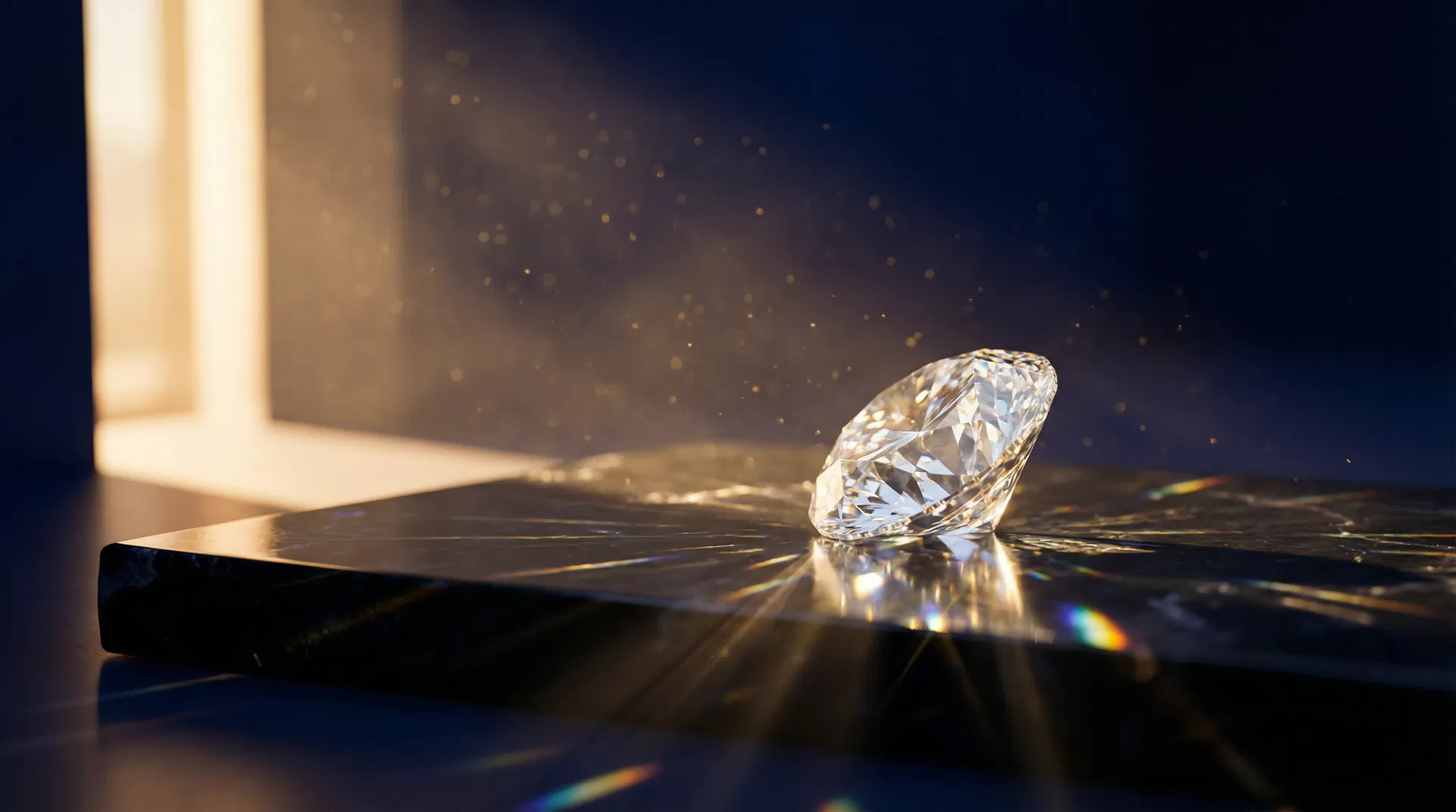 Brilliant-cut diamond refracting golden light