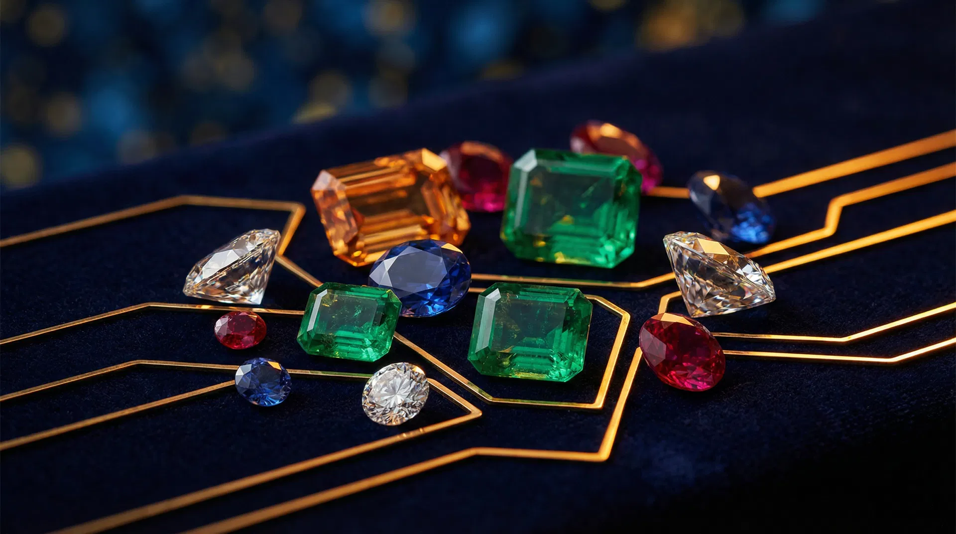 Collection of precious gemstones with digital governance overlay