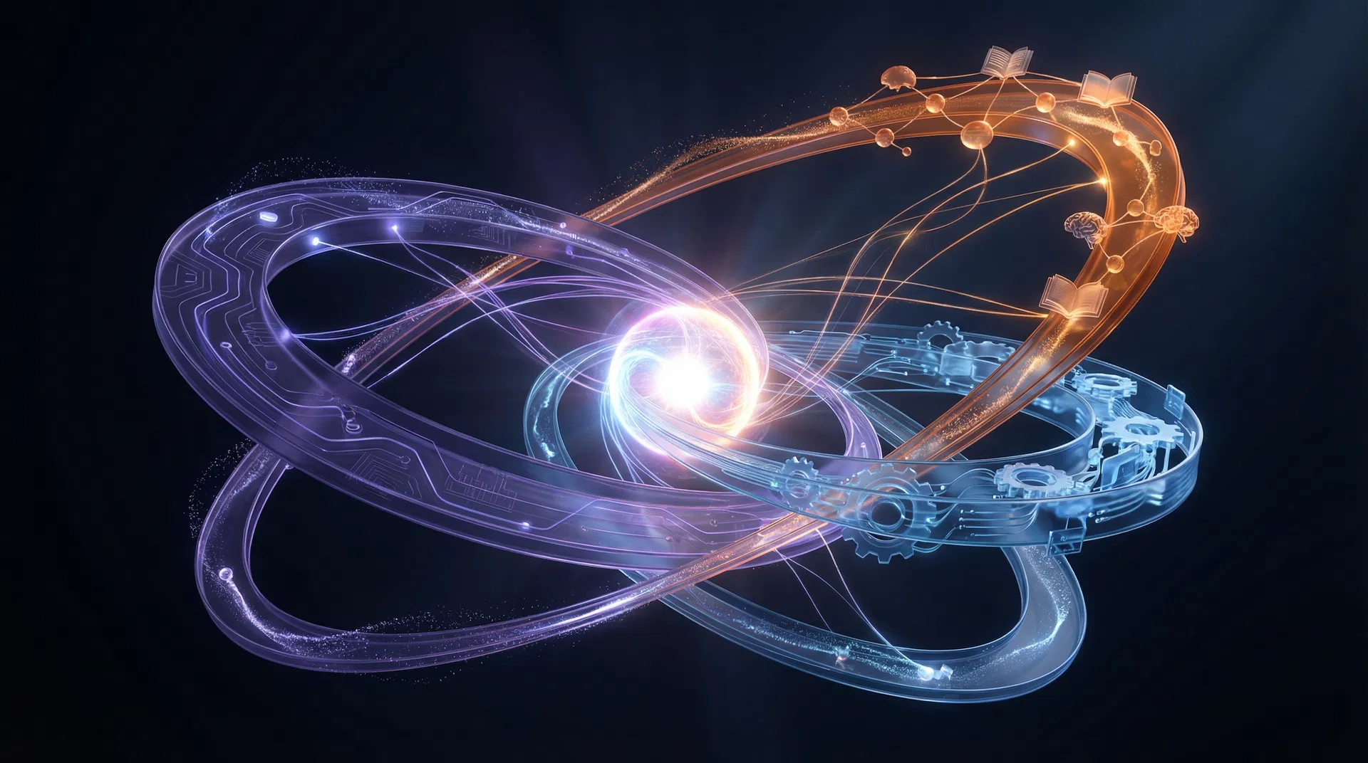 Organismo digital com três órbitas representando o ecossistema Grupo CSV