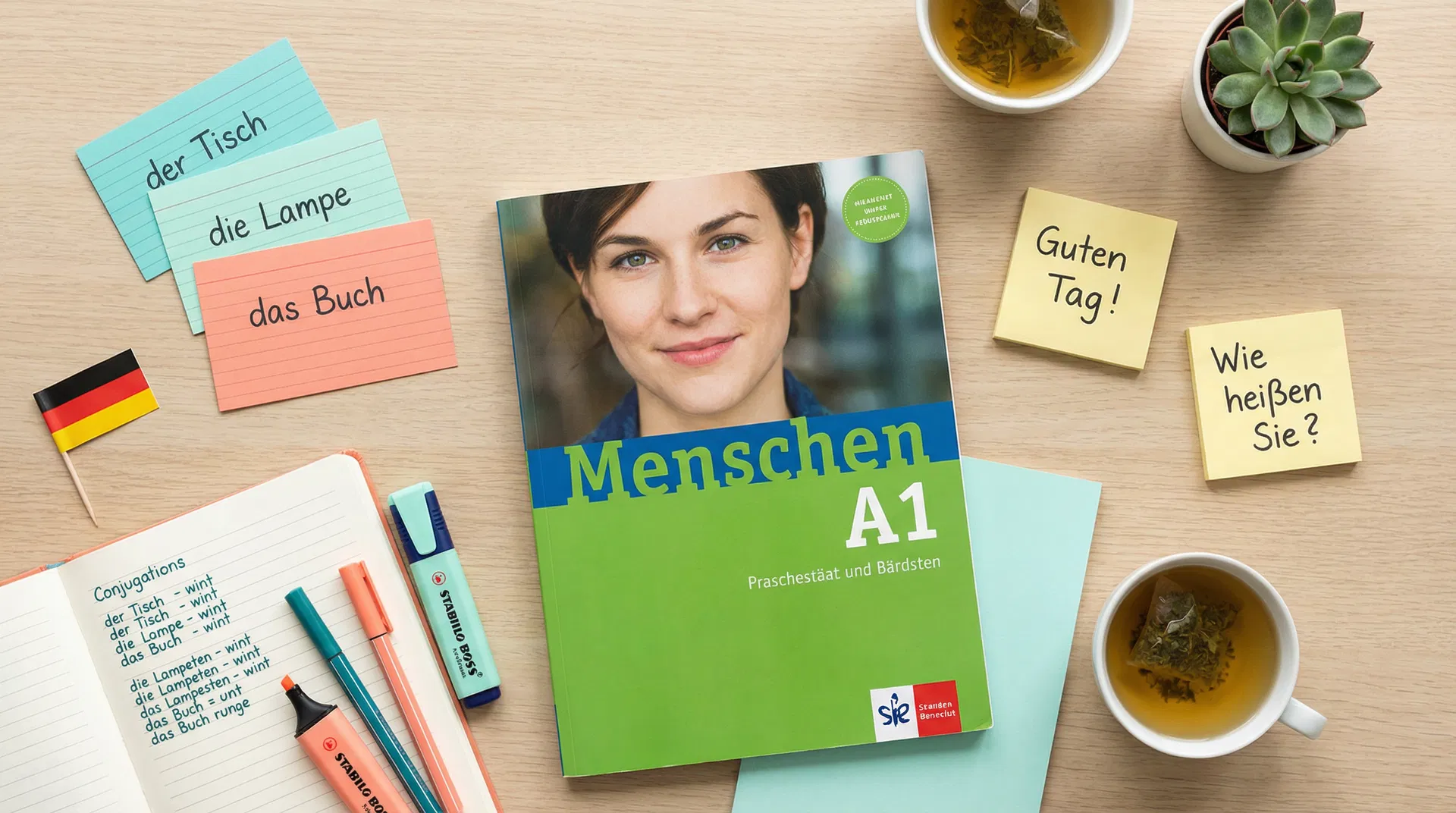 German A1 study materials flat lay
