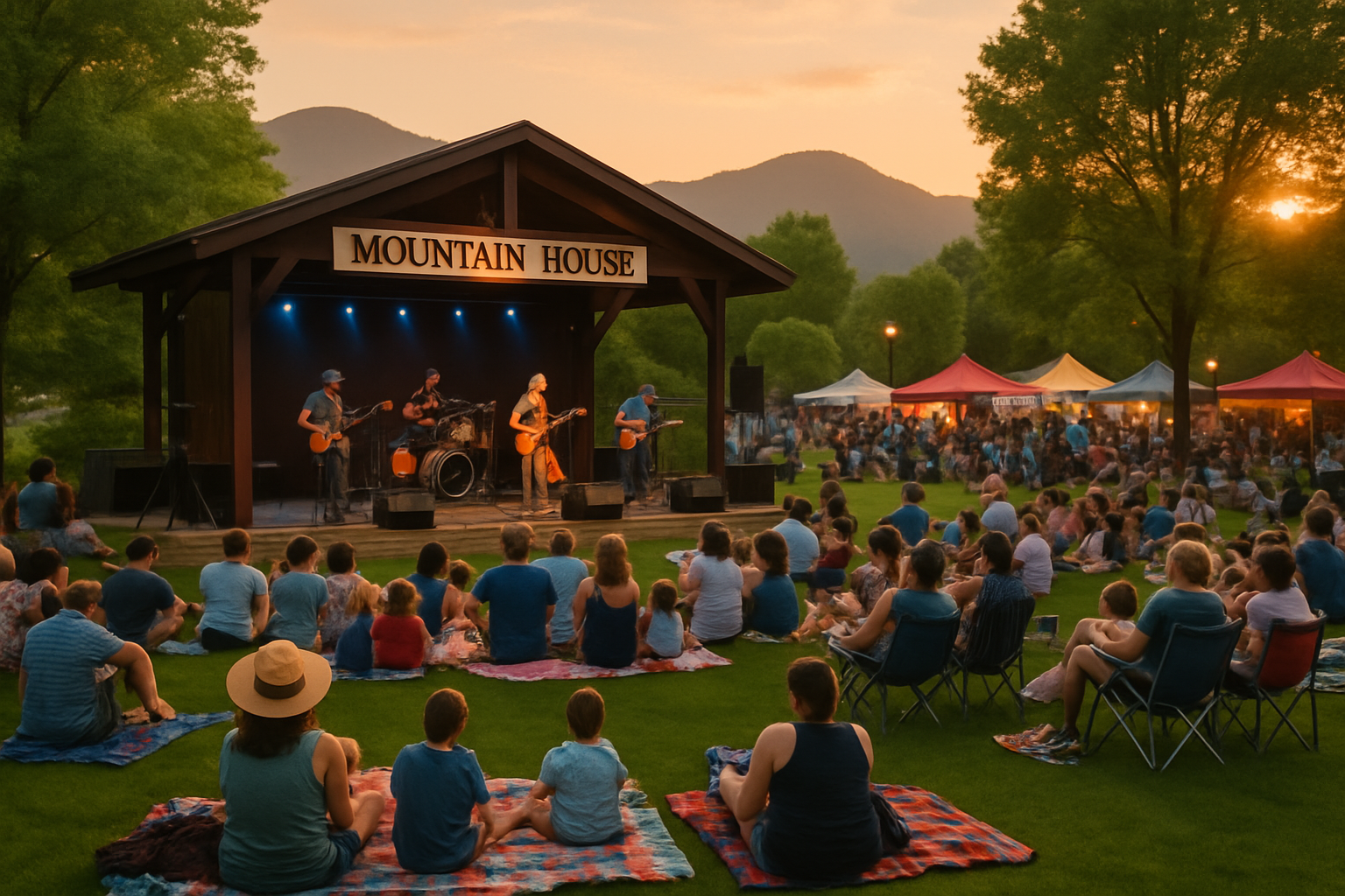 Mountain House Music in the Park summer concert with band performing on stage, families enjoying music on blankets and lawn chairs at sunset