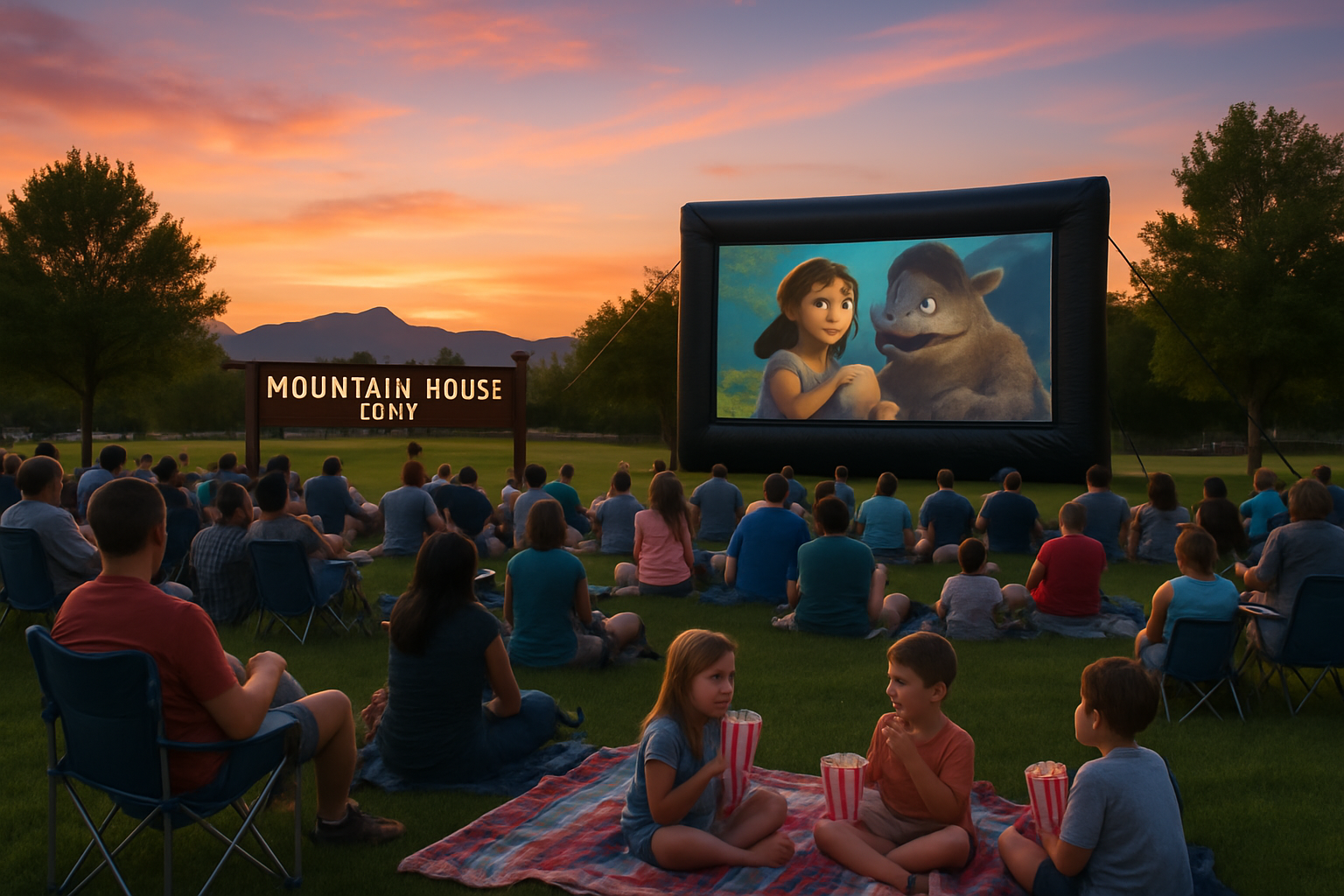 Mountain House outdoor movie night showing Mufasa on a large screen at sunset with families watching from blankets and lawn chairs
