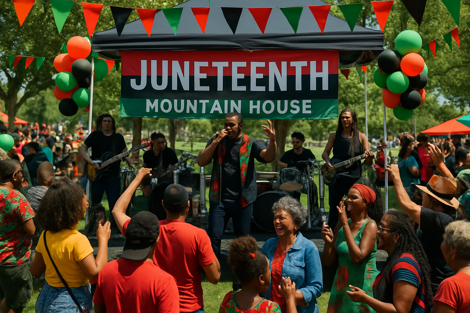 Mountain House Juneteenth Celebration with live music performance, community gathering, and cultural displays featuring red, black, and green decorations