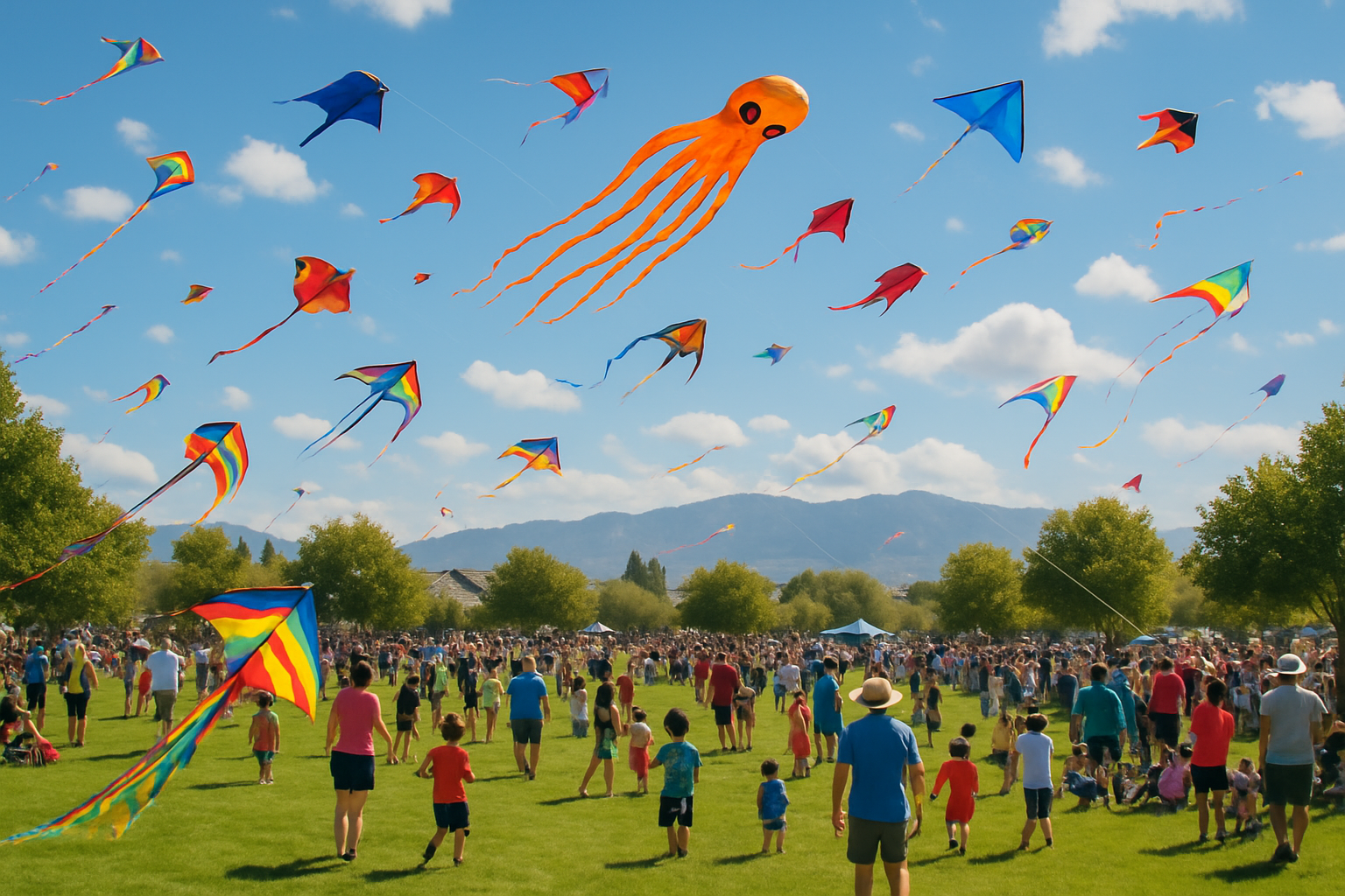 Mountain House Kite Festival featuring colorful kites flying in the sky, families enjoying outdoor activities at Central Community Park
