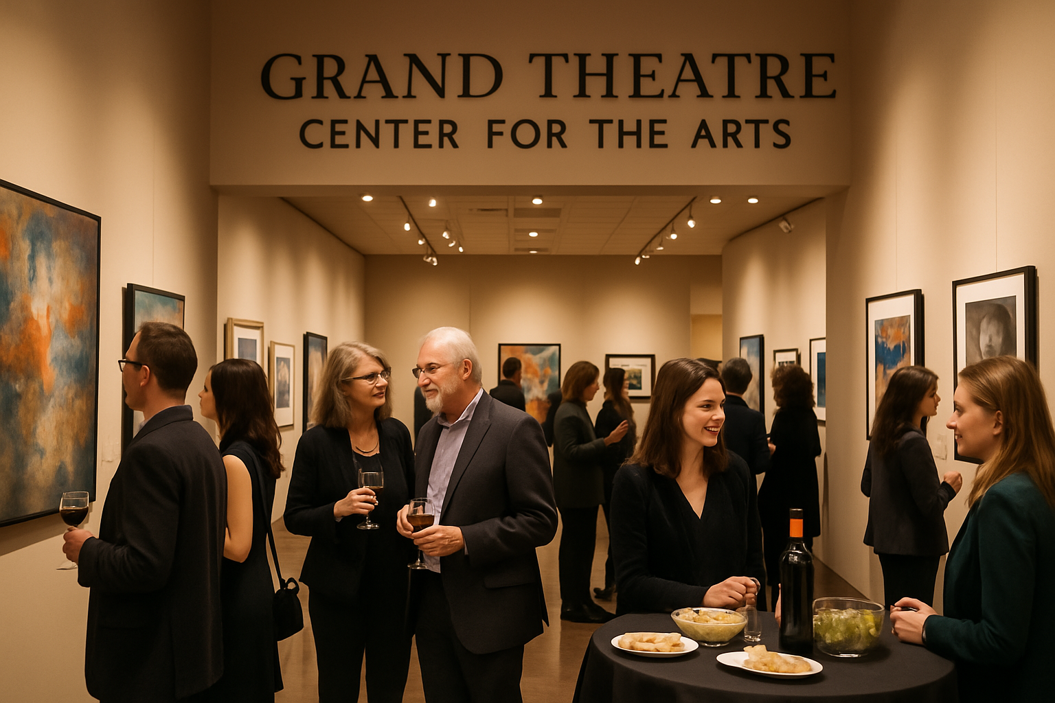 Art exhibition at Grand Theatre Center for the Arts in Tracy with displayed artwork, attendees viewing art, and wine reception