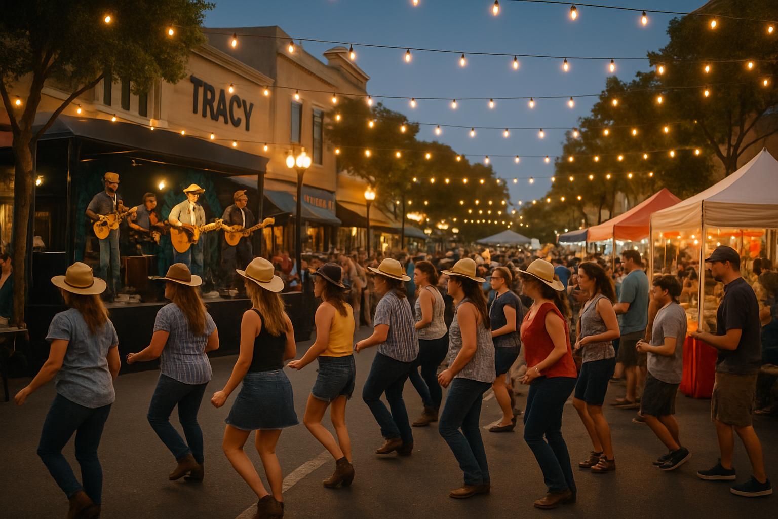 Tracy Block Party Country Night with live music, line dancing, string lights overhead, and downtown Tracy atmosphere