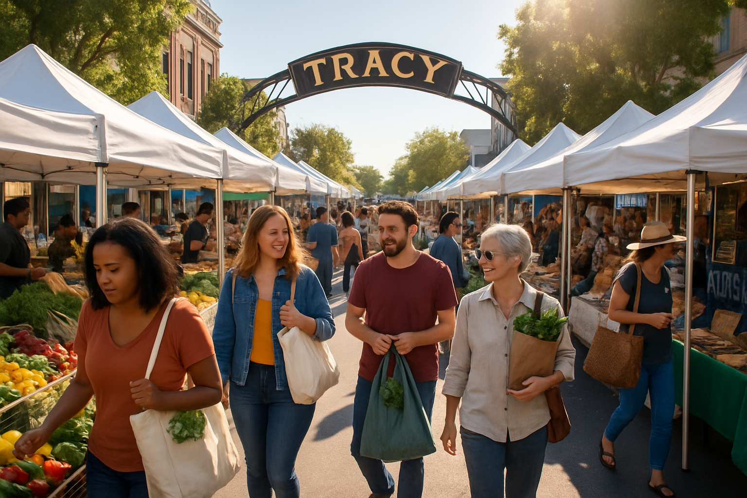 Downtown Tracy Farmers' Market with fresh produce stands, shoppers with reusable bags, and Tracy arch in morning sunlight