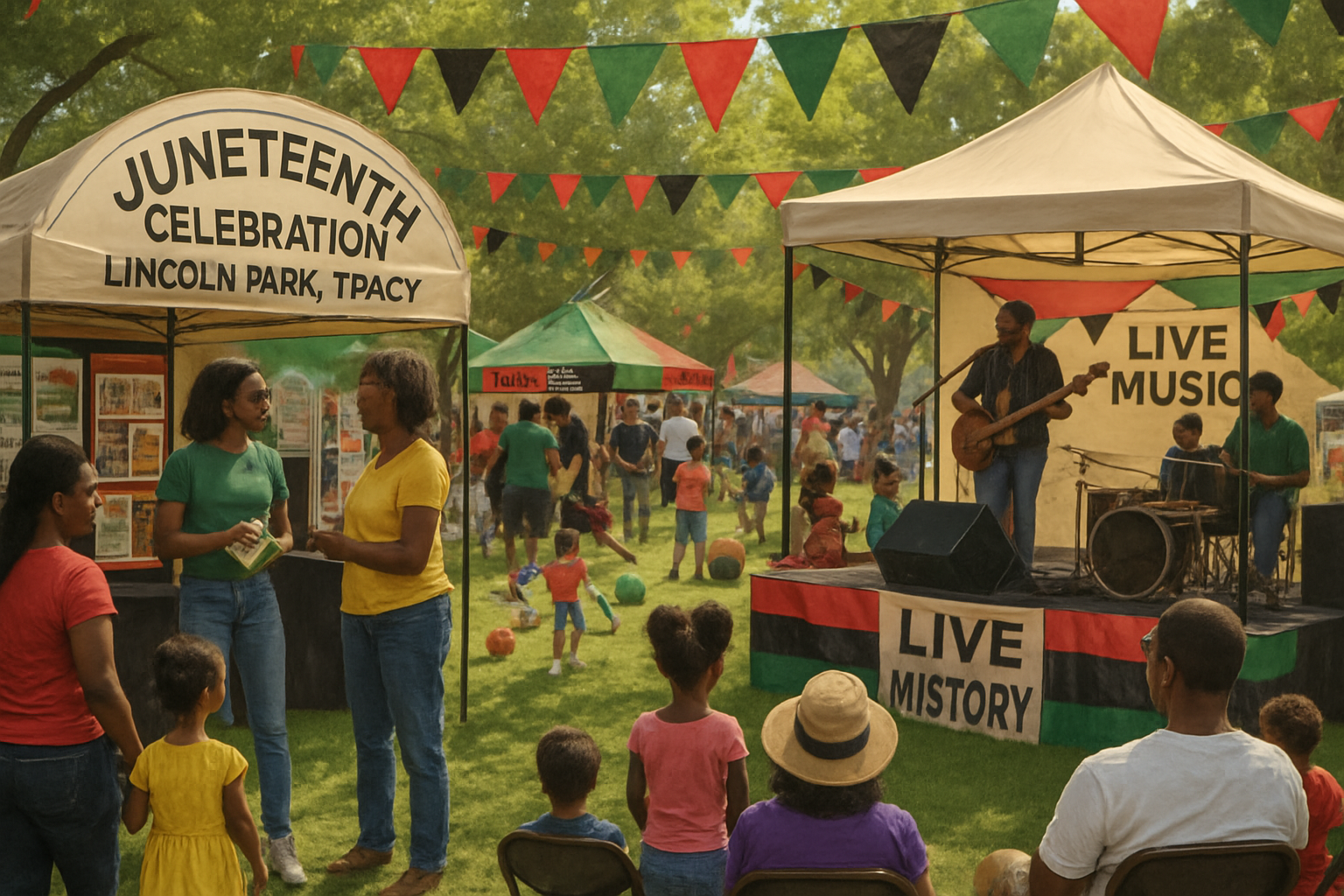 Tracy Juneteenth Celebration at Lincoln Park with educational exhibits, live music, and families enjoying cultural activities