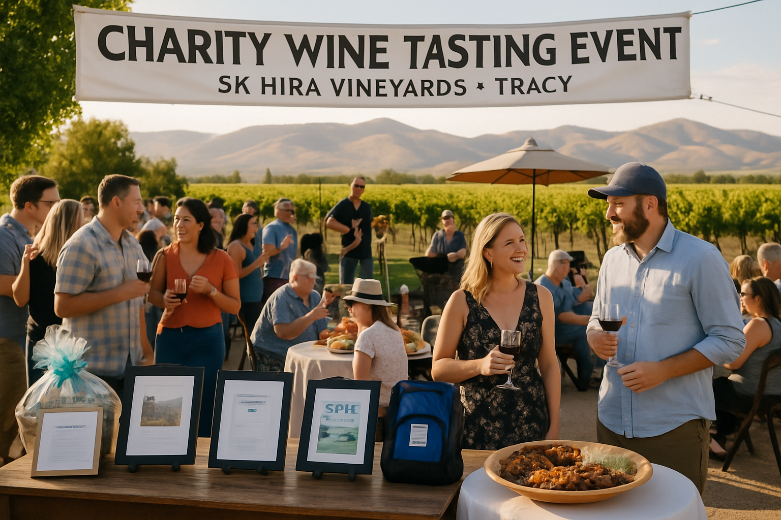 Wine & Whiskers charity event at SK Hira Vineyards in Tracy with wine tasting, auction items, and vineyard setting