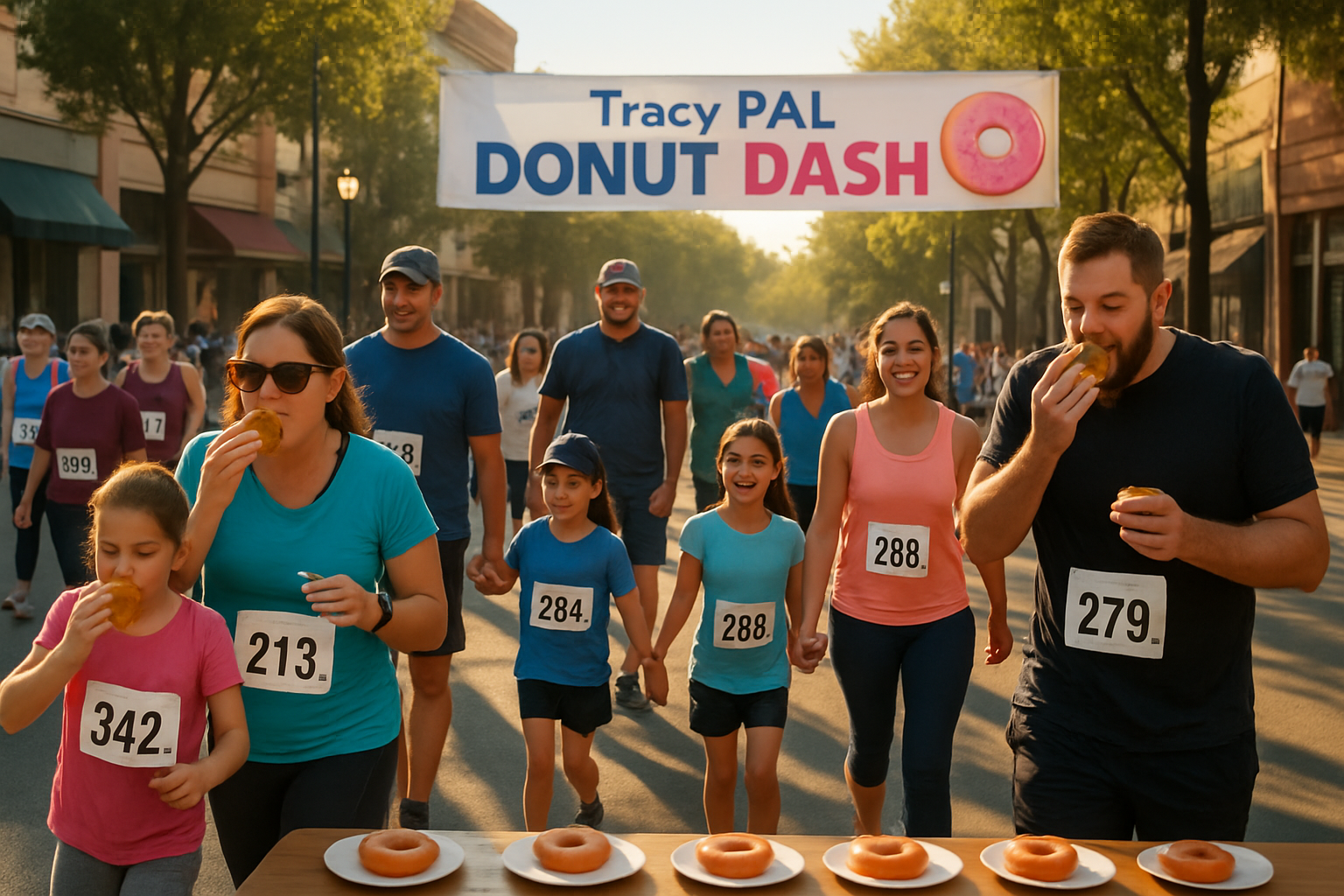Tracy PAL Donut Dash fun run with participants eating donuts, race bibs, and downtown Tracy morning atmosphere