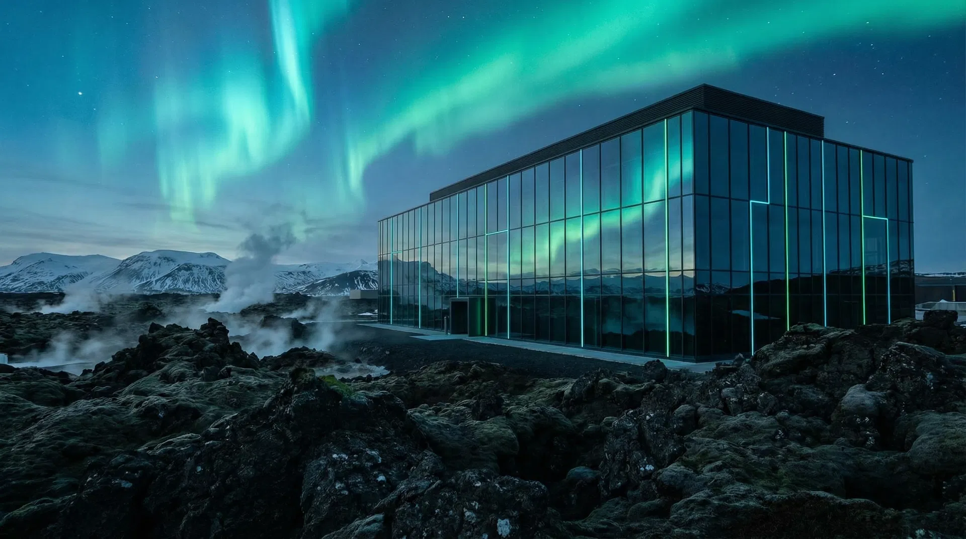 Futuristic data center in Iceland under the Northern Lights
