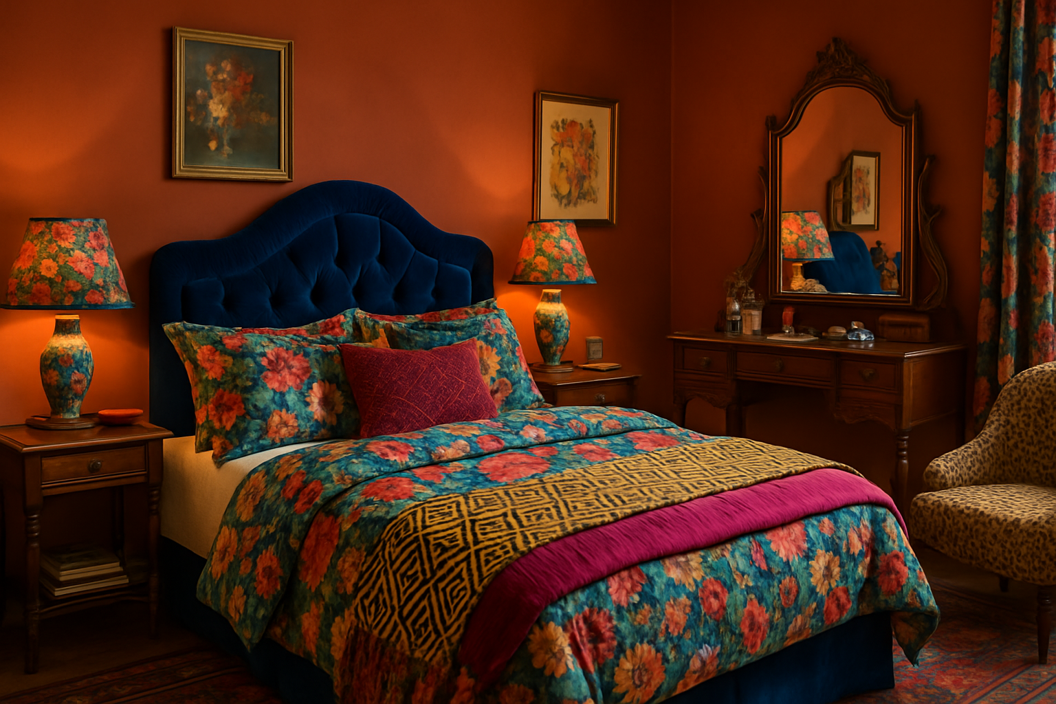 Quarto maximalista com cabeceira azul, roupa de cama estampada e paredes terracota