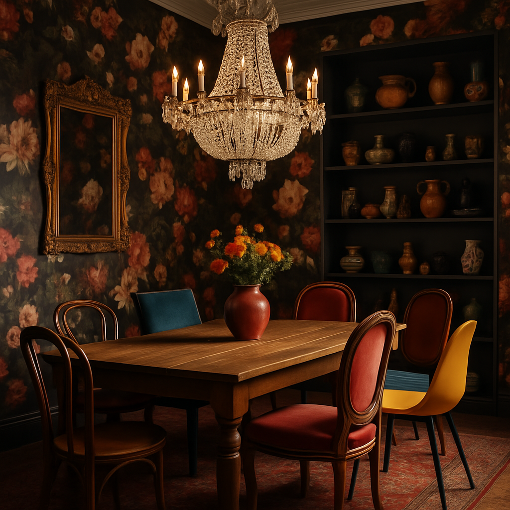 Sala de jantar maximalista com cadeiras descombinadas e lustre de cristal
