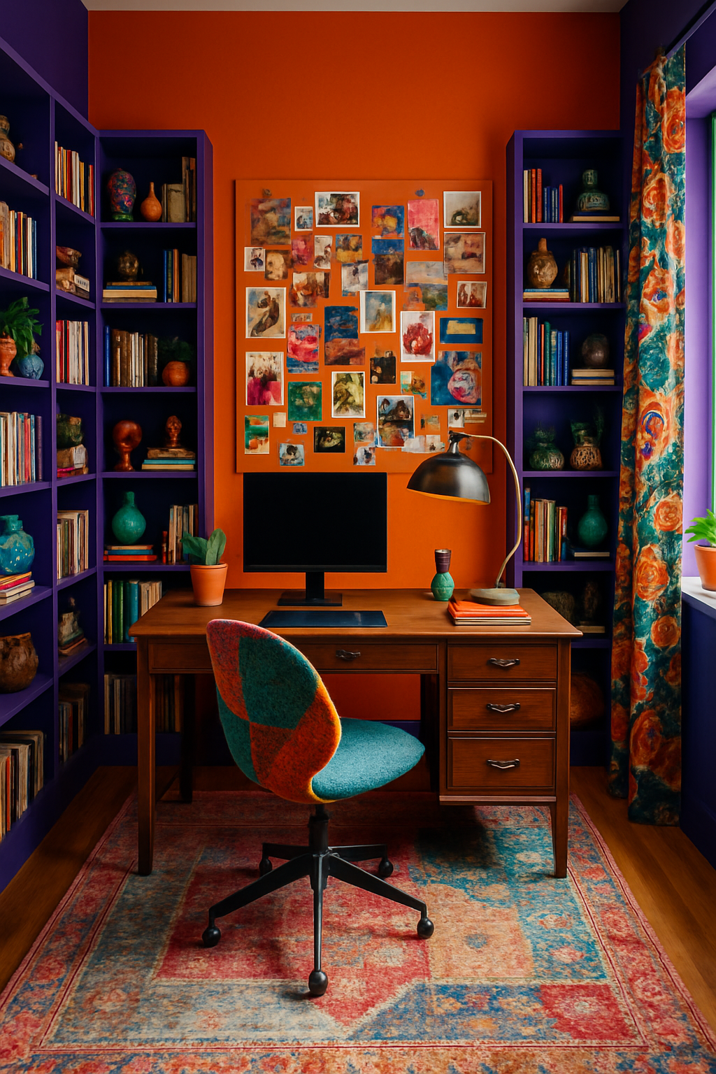 Home office maximalista com paredes vibrantes, estantes cheias e mood board
