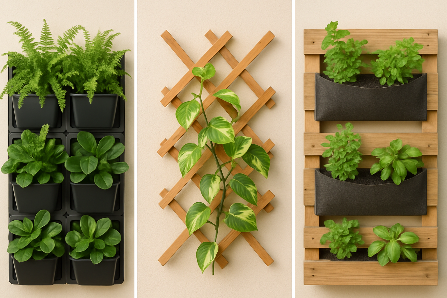 Comparativo visual de tipos de jardins verticais: modular, treliça e DIY palete