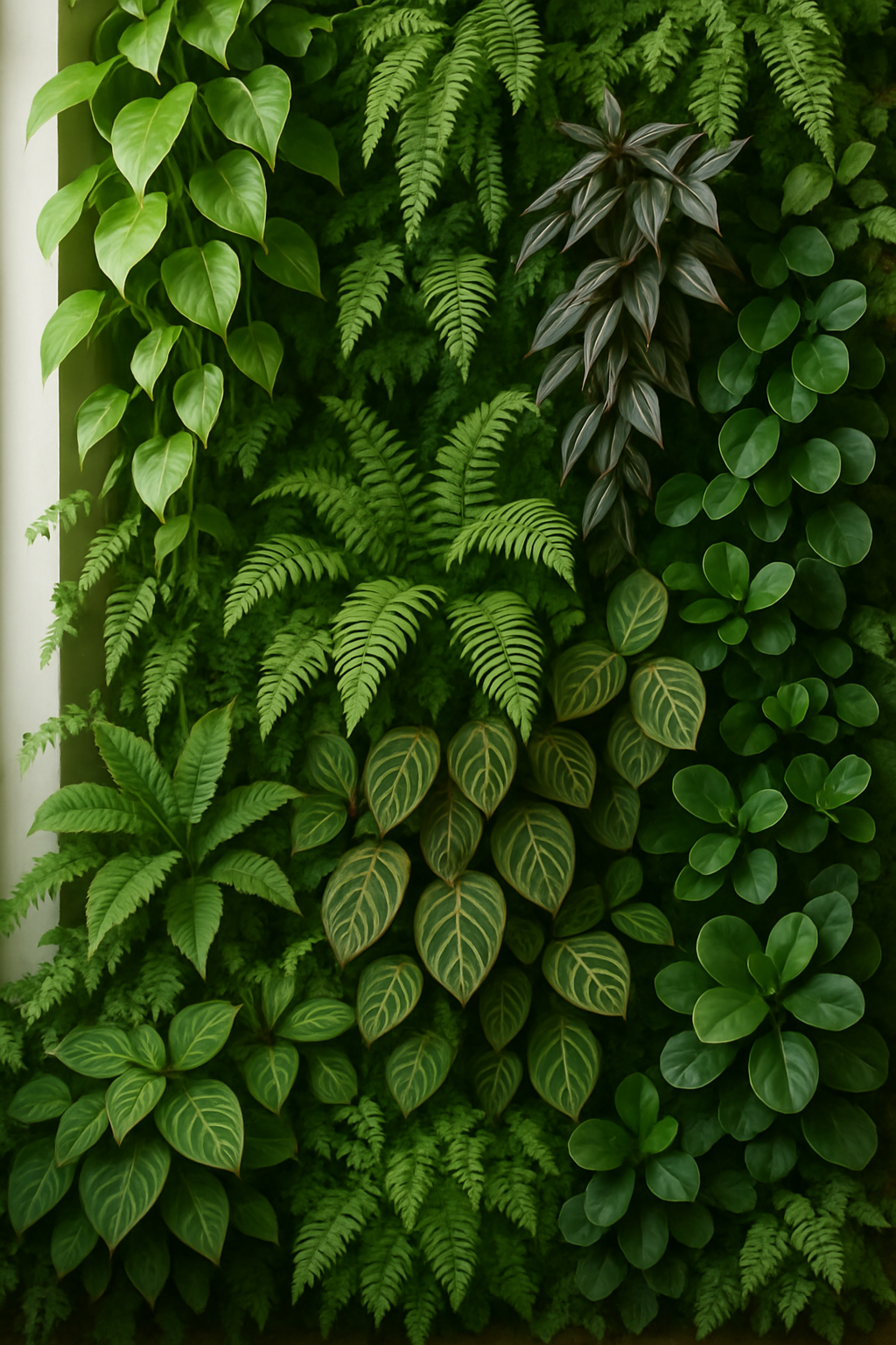 Close-up de plantas variadas em um jardim vertical interno bem iluminado