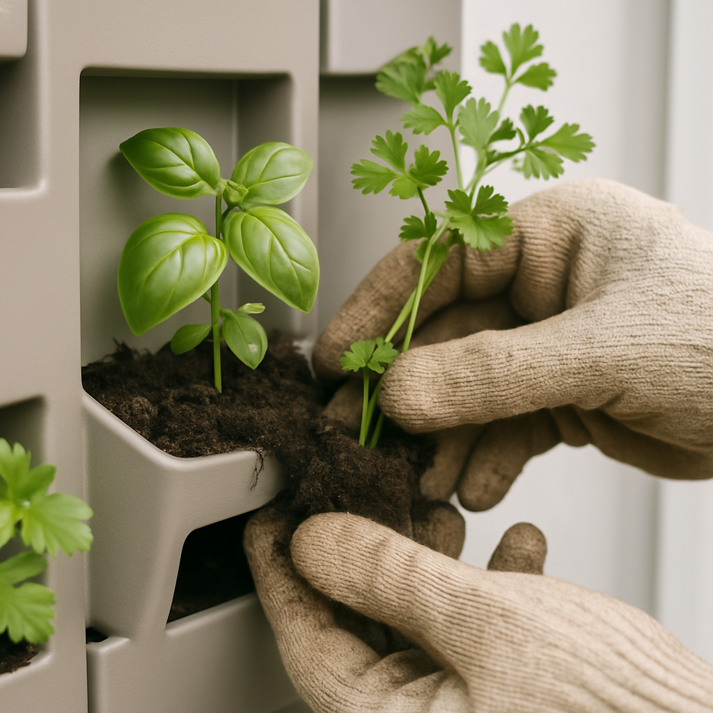 Mãos plantando mudas em um painel modular de jardim vertical