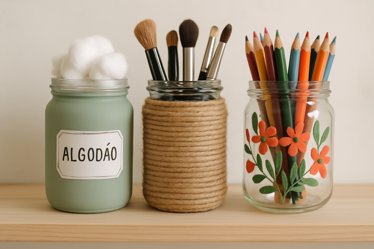 Potes de vidro decorados para organização