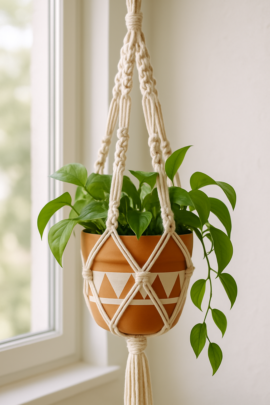Suporte de planta em macramê com vaso pintado
