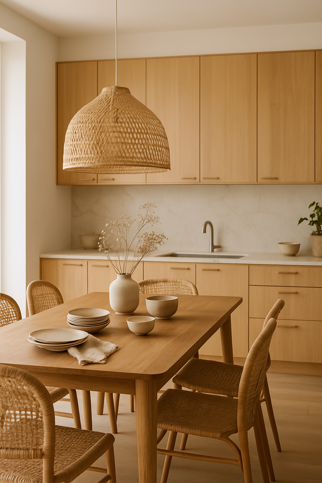 Cozinha e sala de jantar com decoração orgânica
