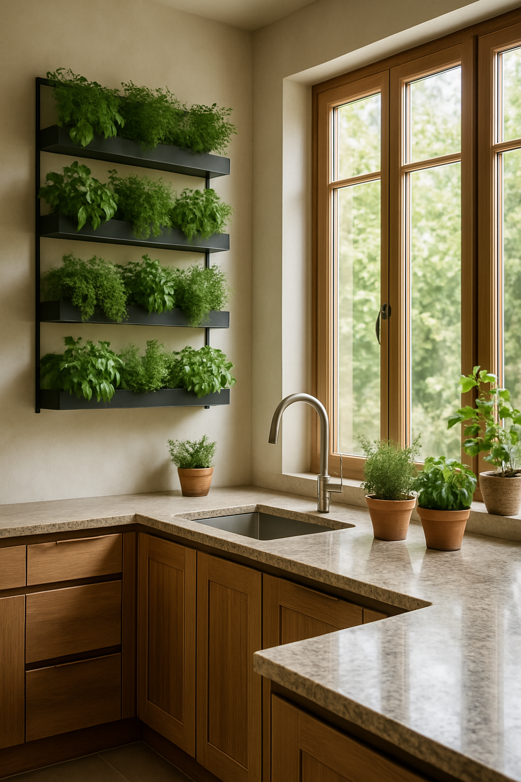 Cozinha com design biofílico mostrando horta vertical e materiais naturais
