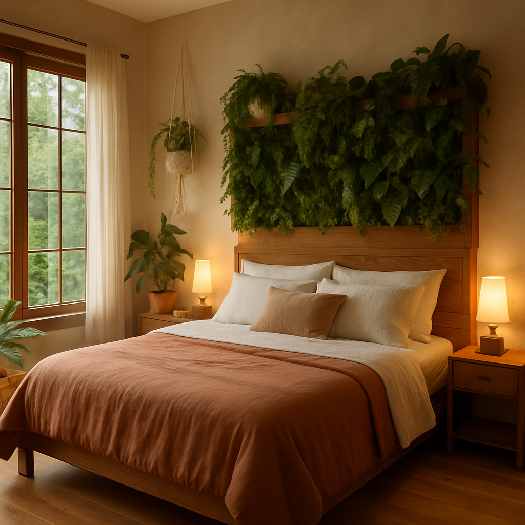 Quarto com design biofílico mostrando cabeceira verde e materiais naturais