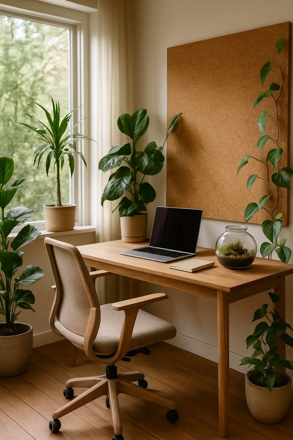 Home office com design biofílico mostrando escrivaninha próxima à janela e plantas purificadoras
