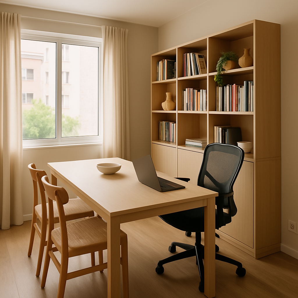 Ambiente multifuncional com mesa modular para jantar/trabalho e estante modular