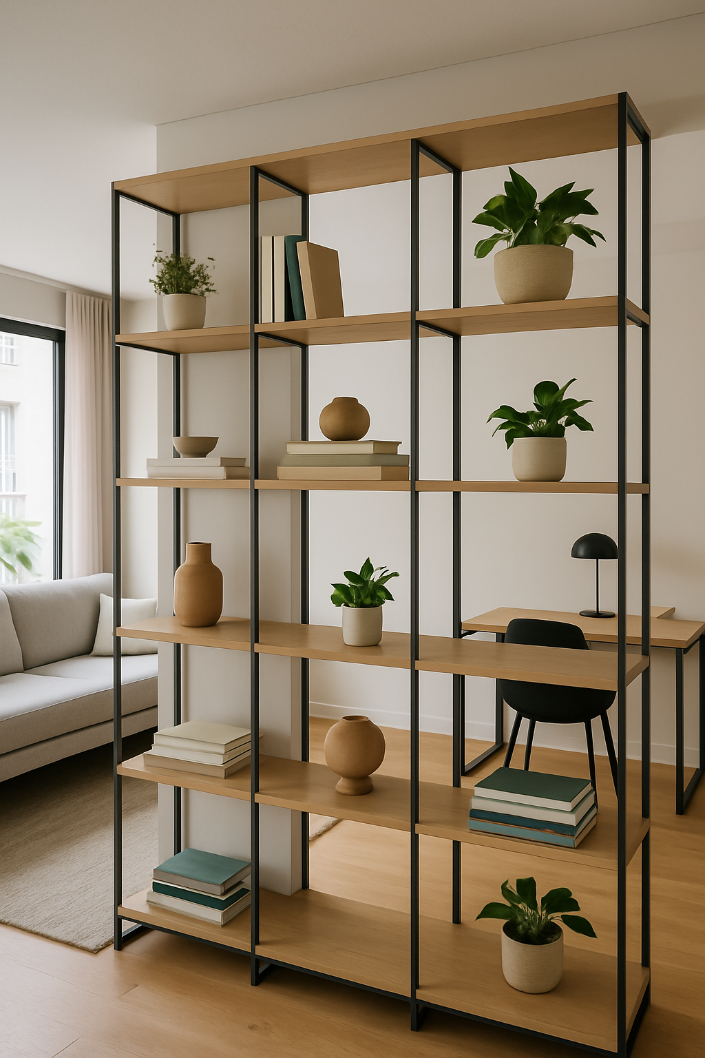 Estante modular vazada usada como divisória entre sala e home office