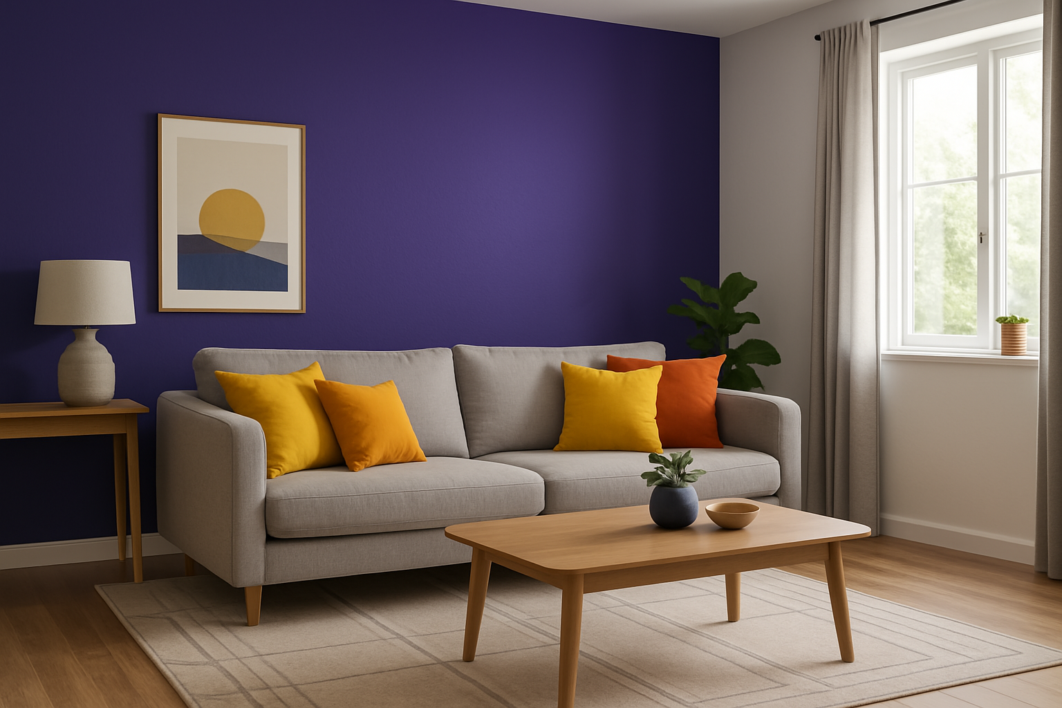 Sala de estar com parede de destaque azul arroxeado e almofadas vibrantes