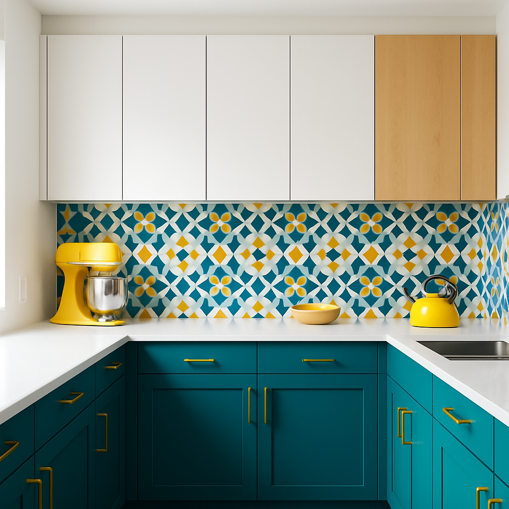 Cozinha com armários inferiores azul petróleo e backsplash estampado