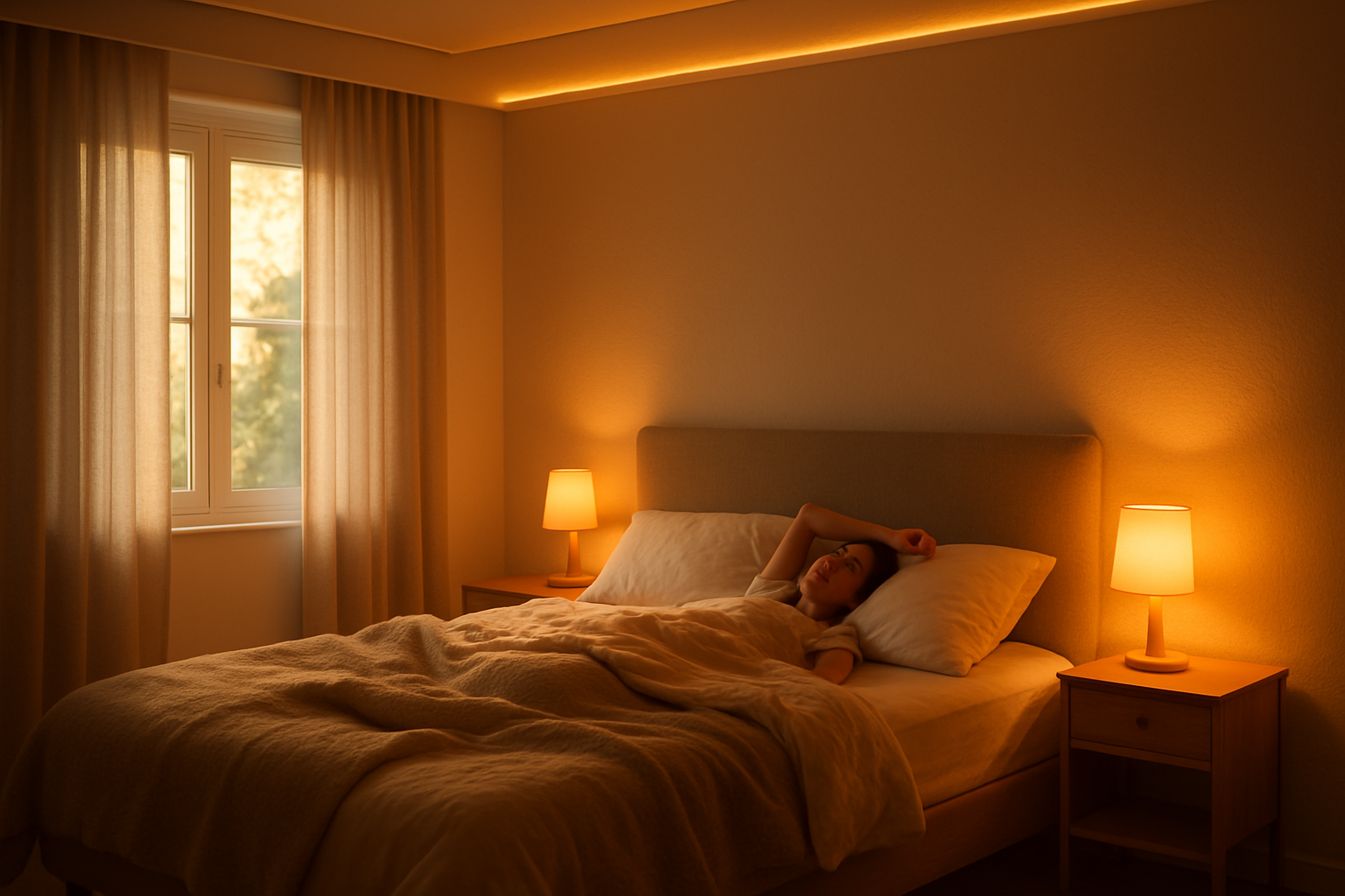 Quarto com cena de iluminação 'Despertar Suave'