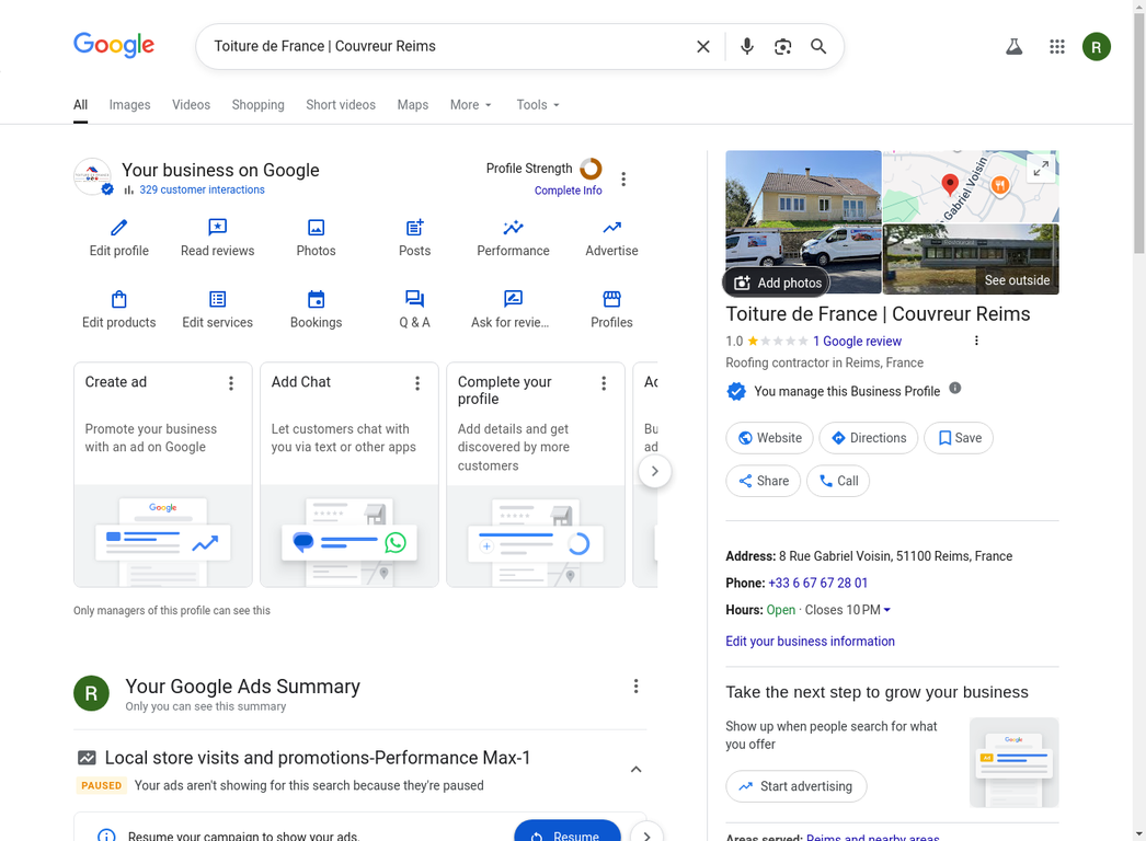 Vue d'ensemble du profil GMB