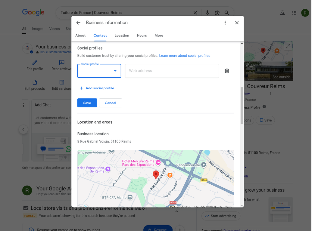 Section d'ajout de profil social