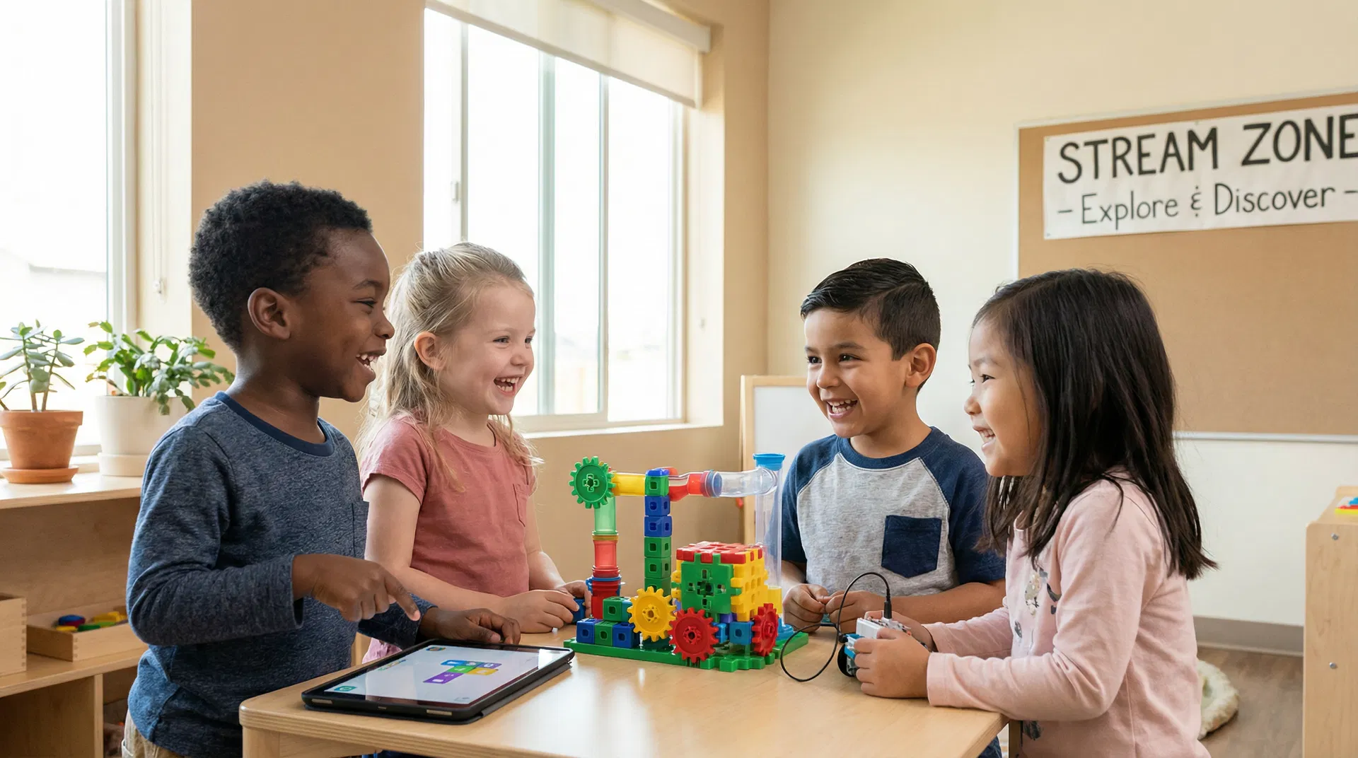Diverse children engaged in STREAM learning at Einstein's Playground
