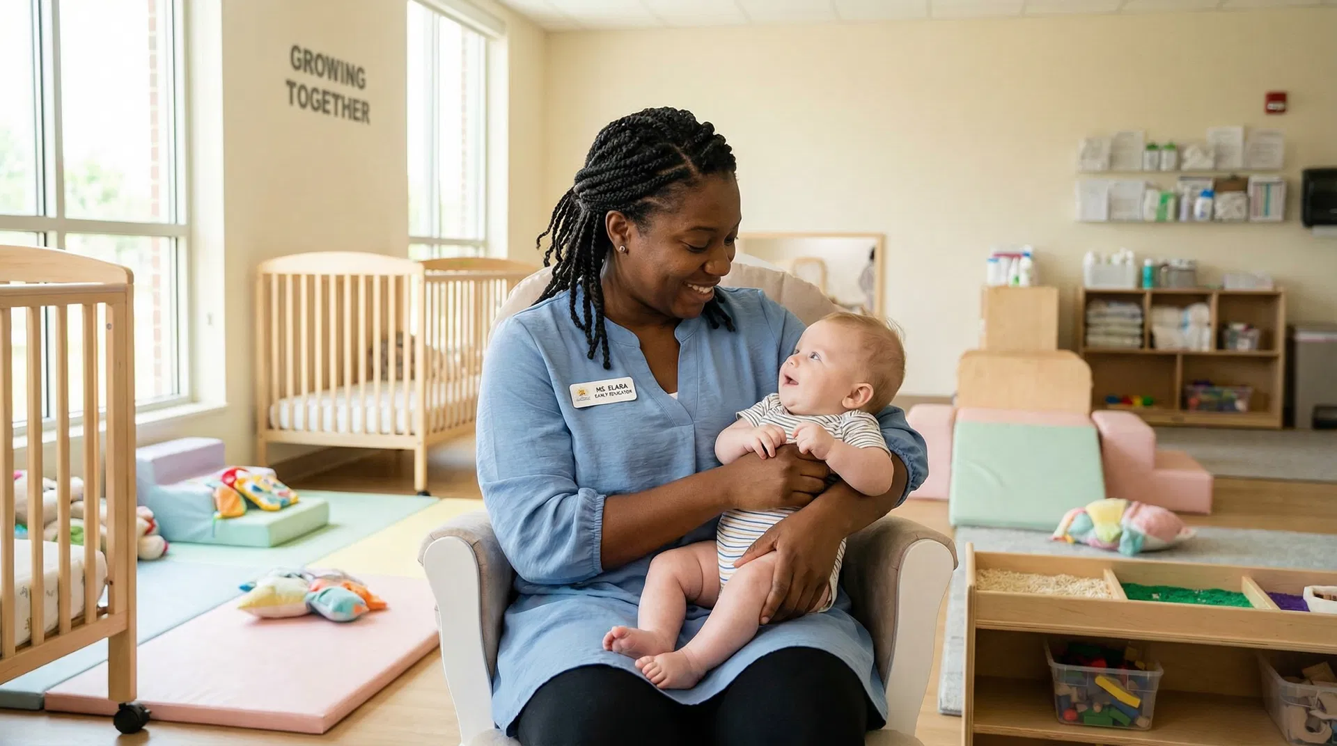 Caring educator with infant