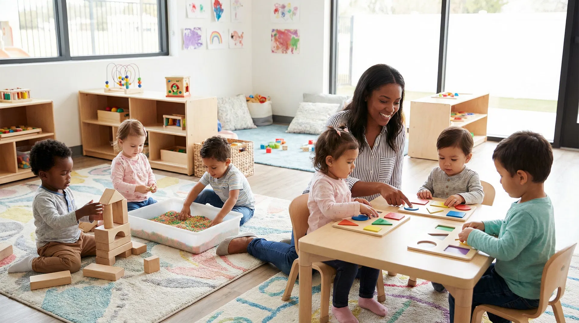 Diverse toddlers engaged in learning activities with caring teacher