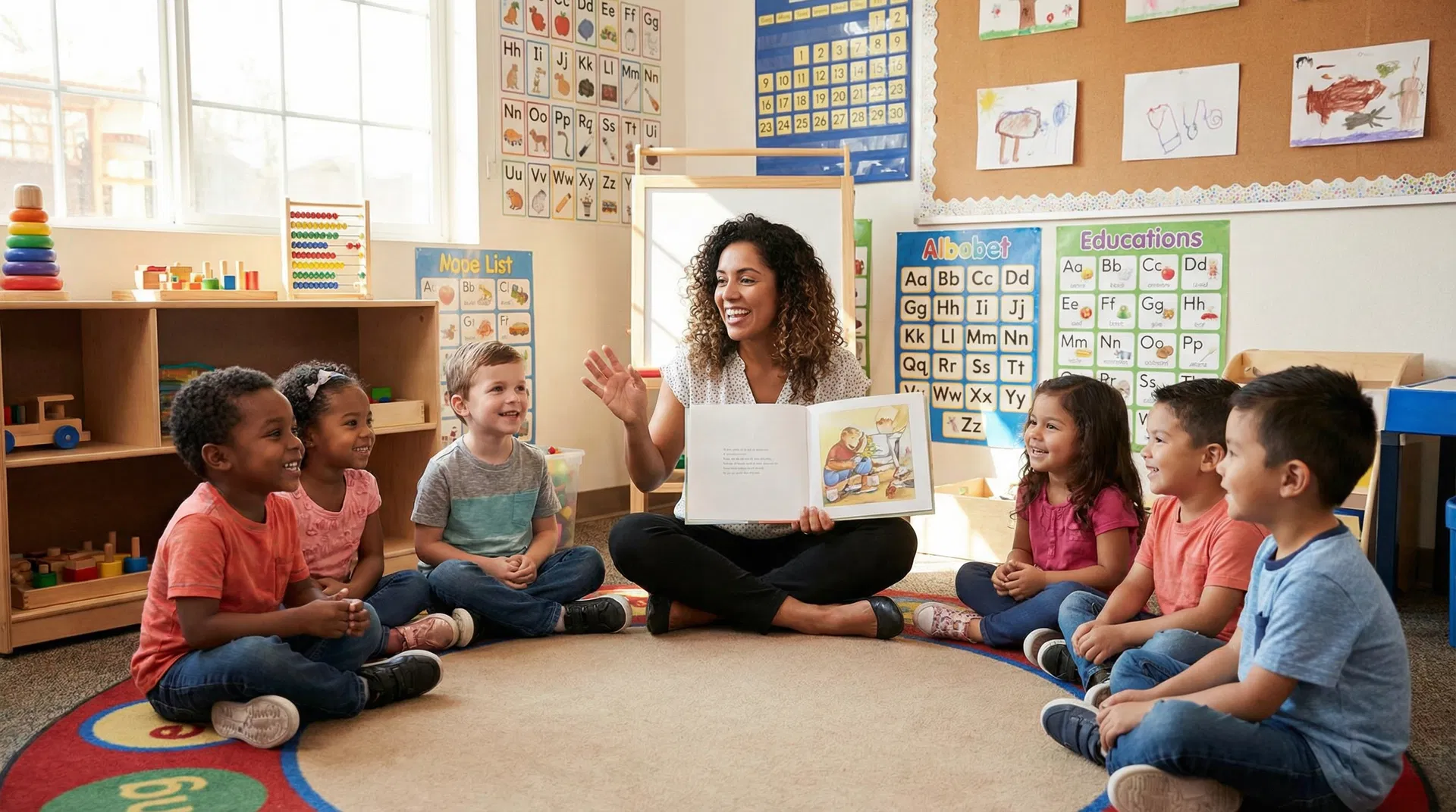 Diverse preschool children in circle time with Hispanic teacher reading a book