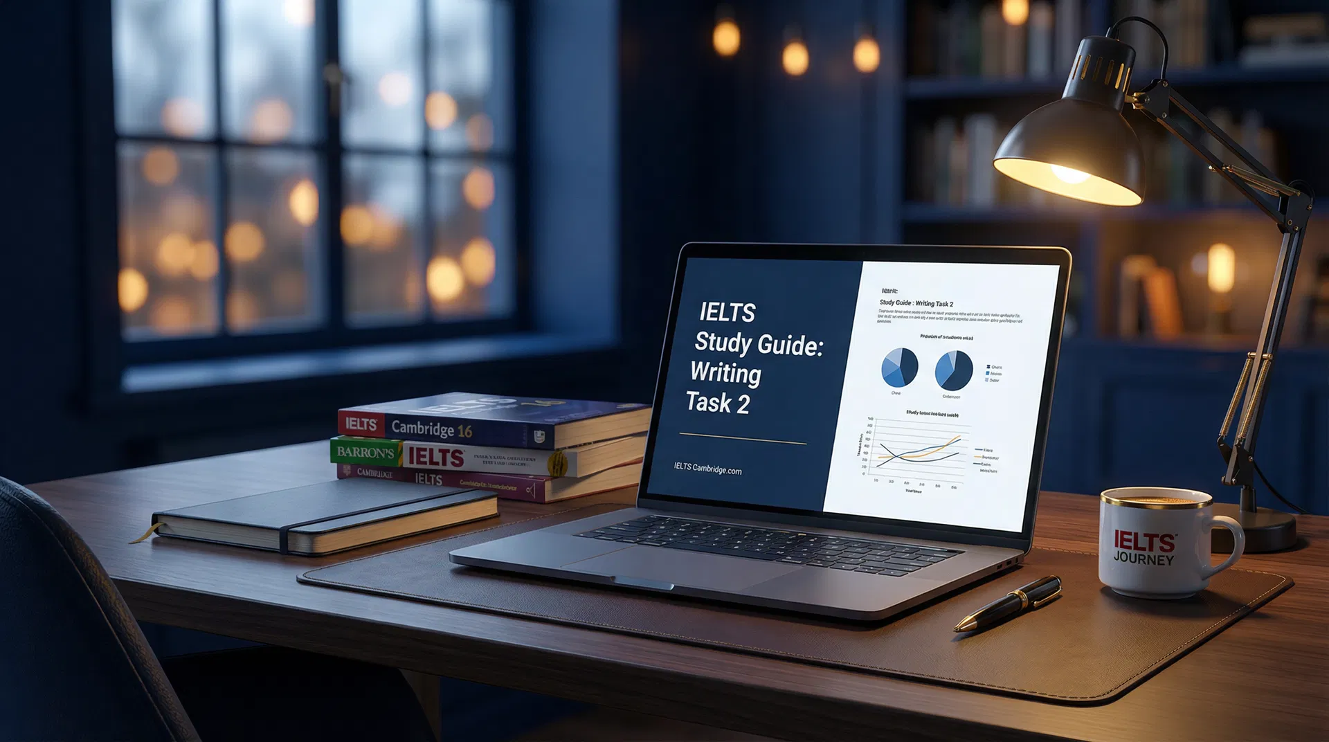 IELTS VIP course study materials with laptop and books on a professional desk