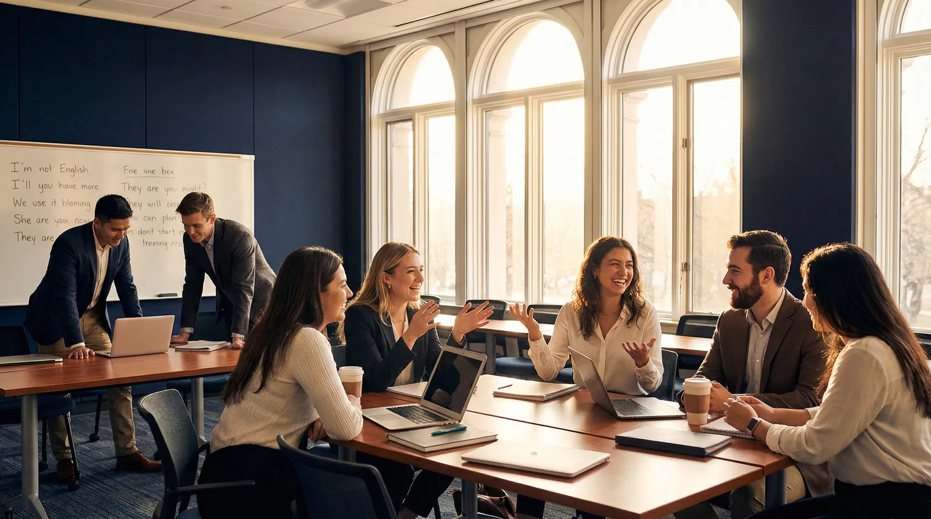 English conversation practice in a modern classroom with warm golden lighting