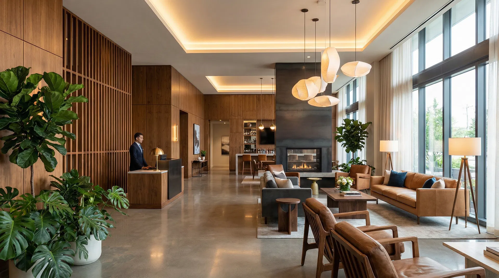 Modern apartment building lobby and amenity space