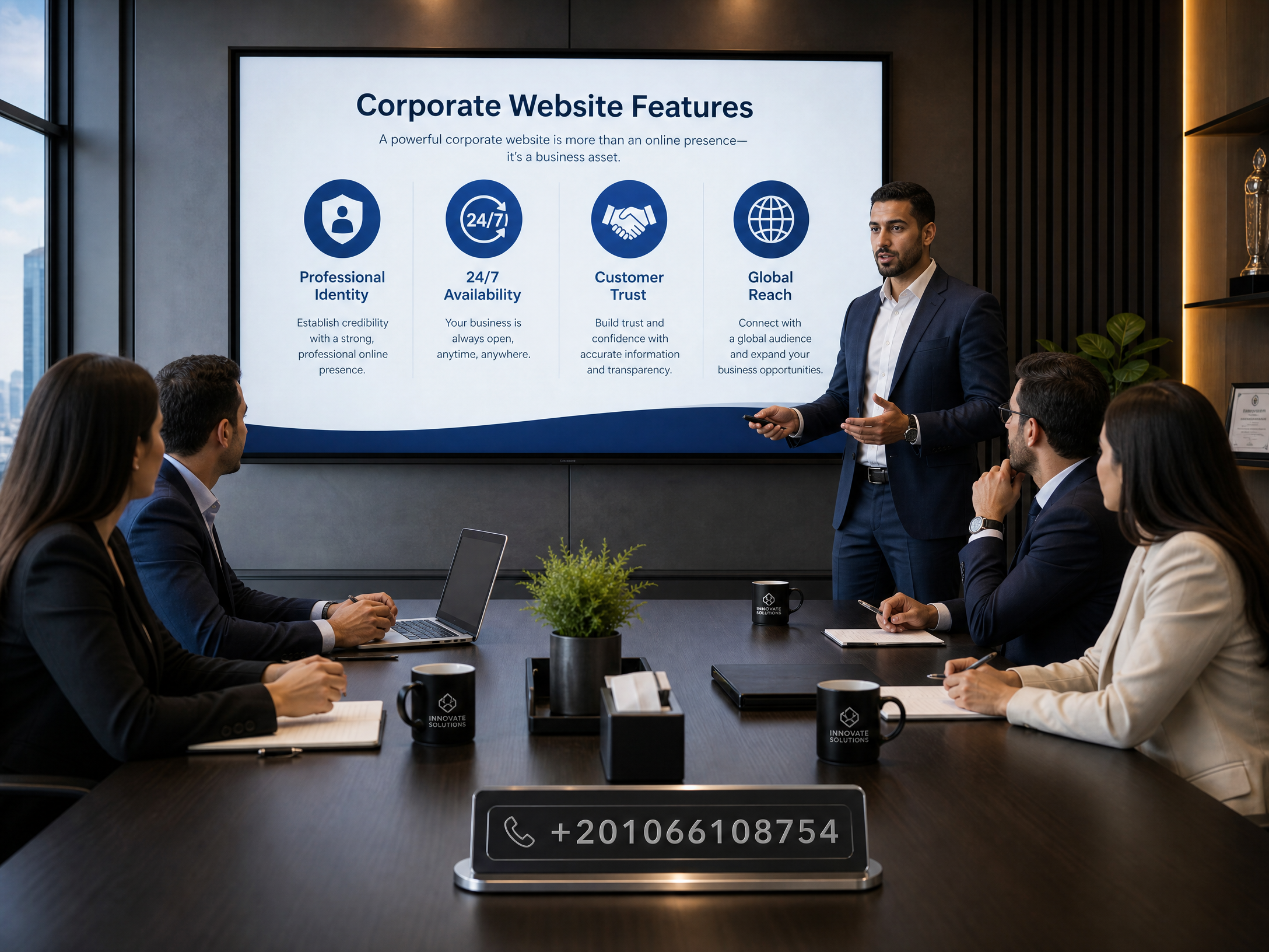 عرض تقديمي يوضح مميزات الموقع التعريفي: الهوية الاحترافية، التواجد على مدار الساعة، ثقة العملاء، والوصول العالمي
