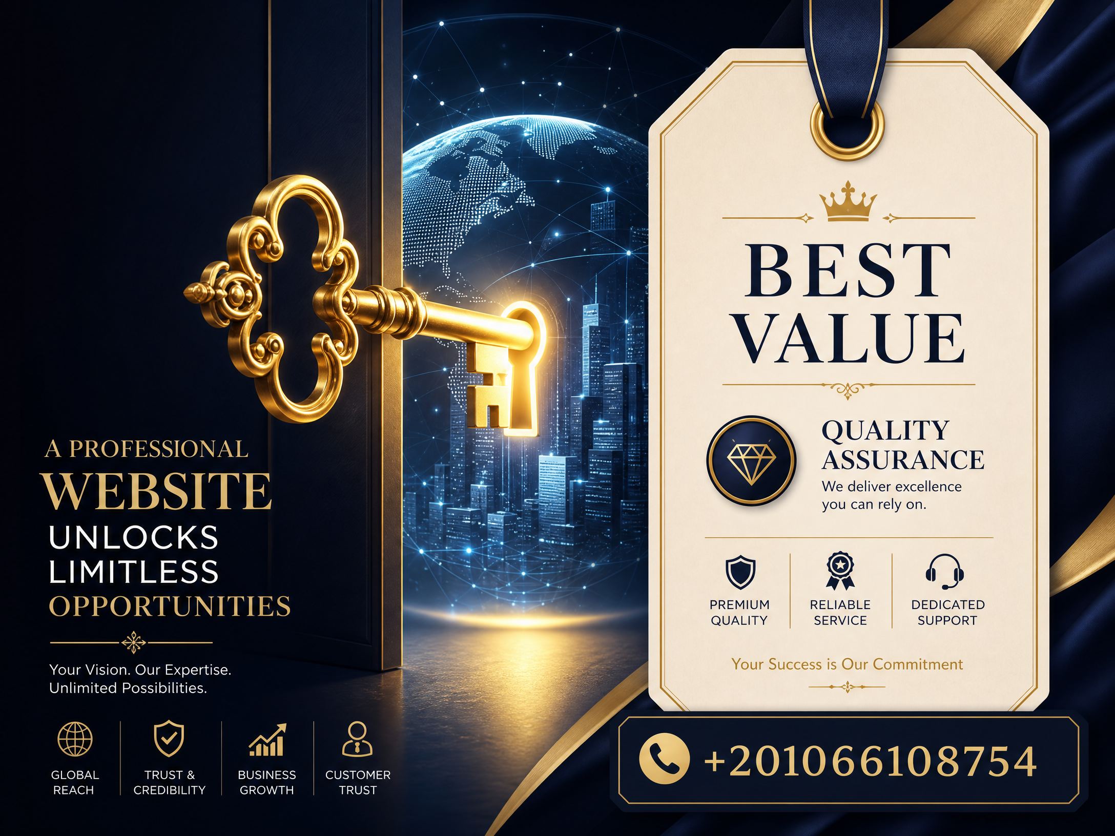 مفتاح ذهبي يفتح عالمًا رقميًا، يرمز إلى قيمة الموقع الاحترافي، مع بطاقة سعر توضح القيمة الأفضل