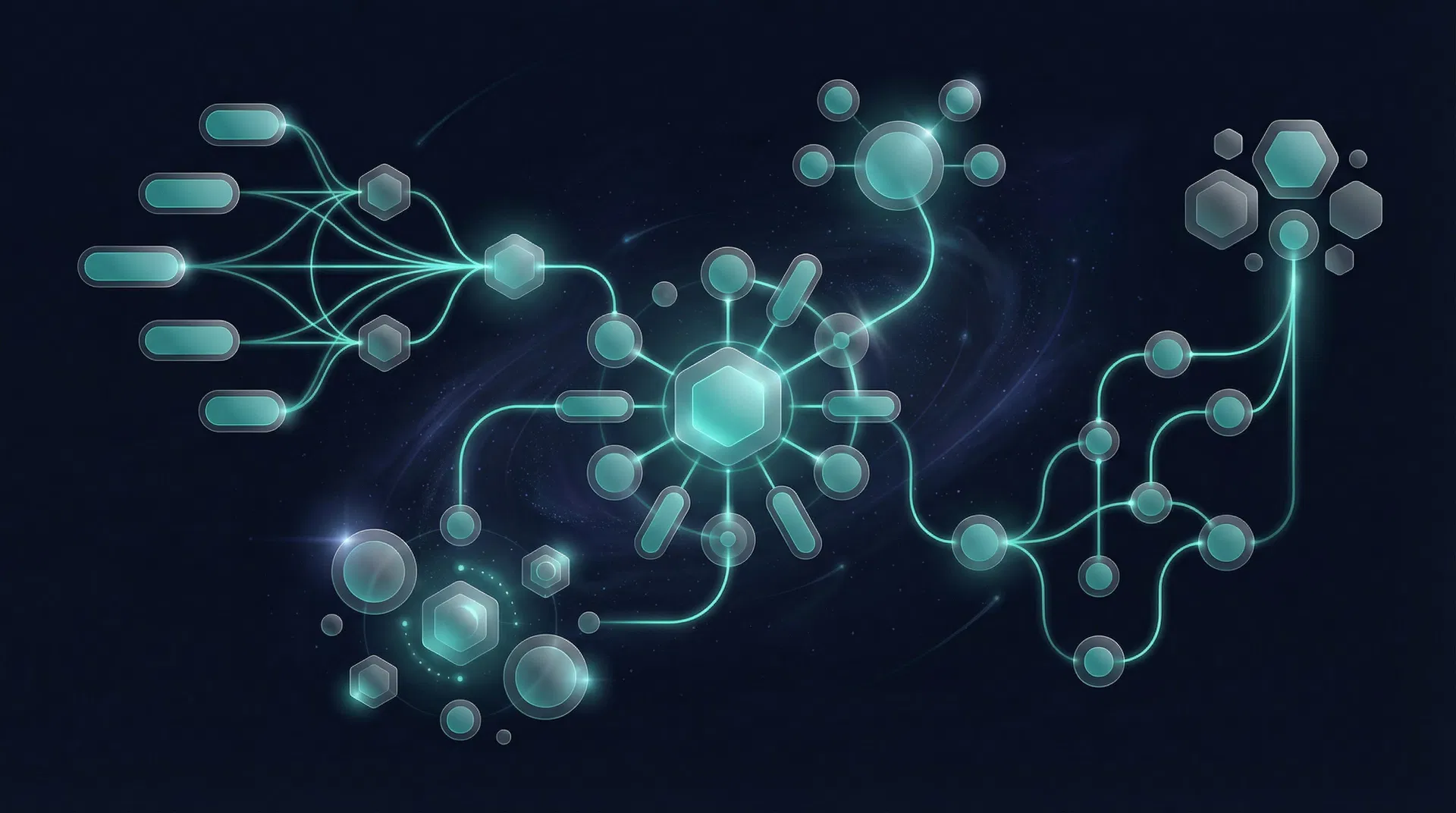 Abstract shapes illustrating GeoffreyBot capability pillars