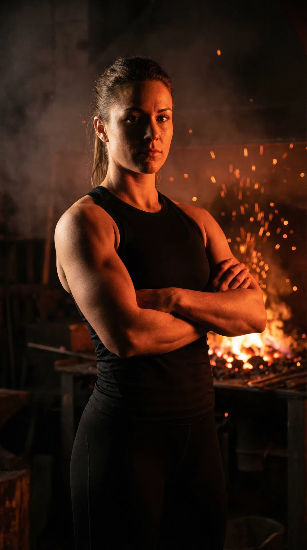 Warrior Woman - Strong, powerful female athlete in forge environment