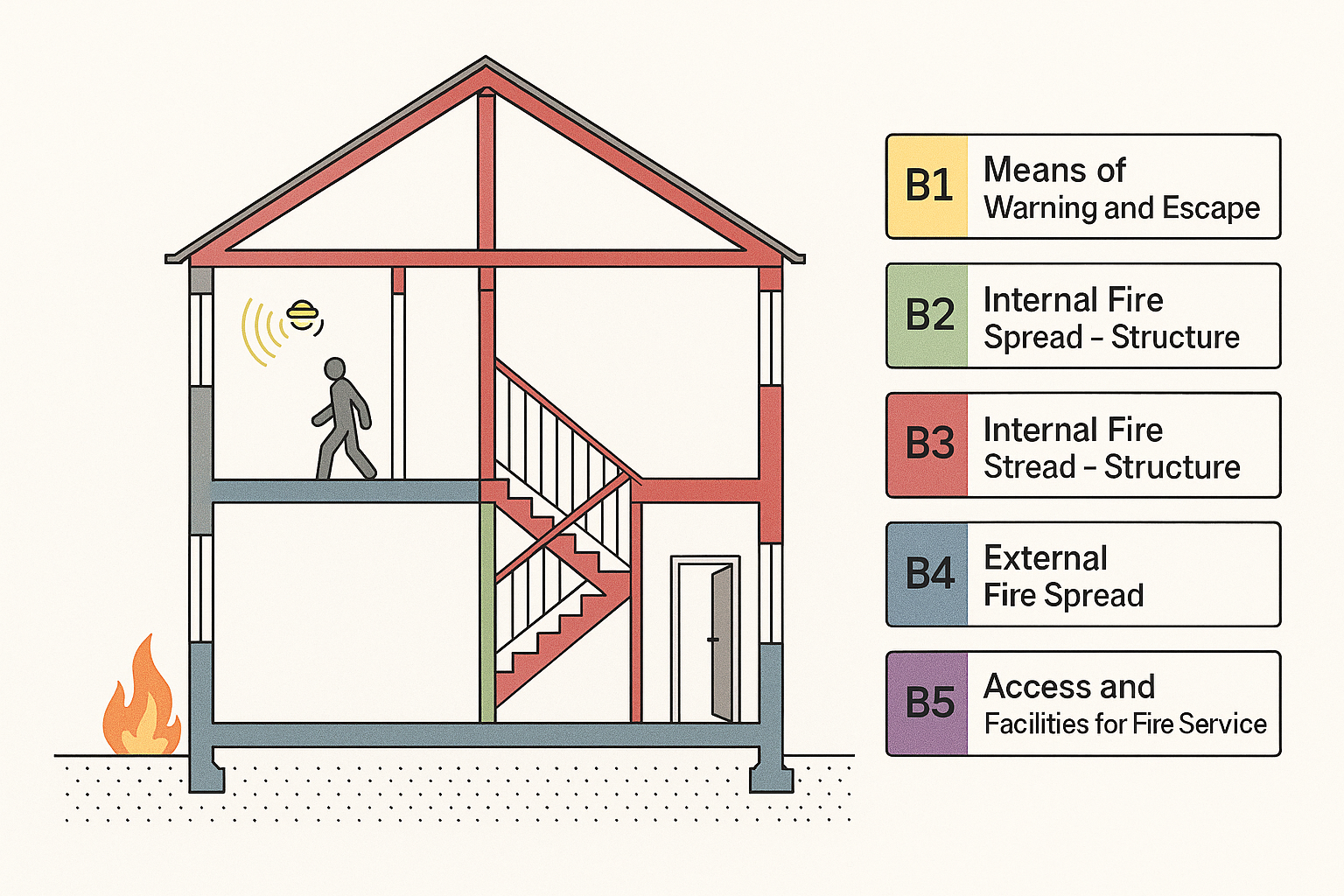 Complete Guide to Part B Building Regulations: The £2.5 Billion Fire Safety Crisis Transforming UK Construction 6 Part B Five Sections Technical Diagram